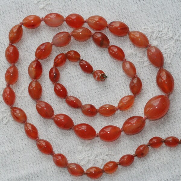 Antique or vintage 31.5” long carnelian agate bead necklace individually knotted