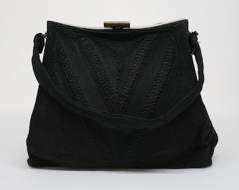 Vintage 1940s 50s original Cordé black cord work top handle evening bag handbag