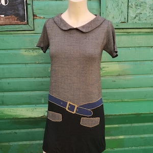 Mary Quant/ Mini dress / UK 6-8/ Knitted / Fake Belt and Pockets/ Low waisted / Mod / 1960s / Swinging Sixties /