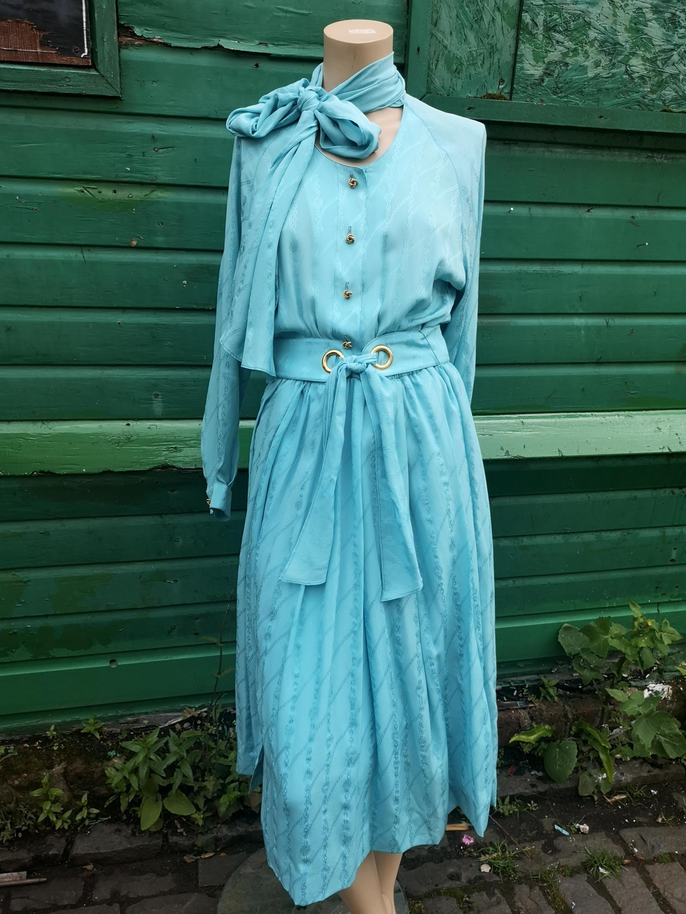 1980s Vintage Hermés - Paris, 100% Silk Dress , Aqua Blue , Self