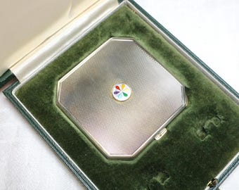 Portacipria vintage Garrard & Co in argento sterling massiccio dorato e smalto Technicolor, anni '60, con marchio del 1968, nella scatola originale.