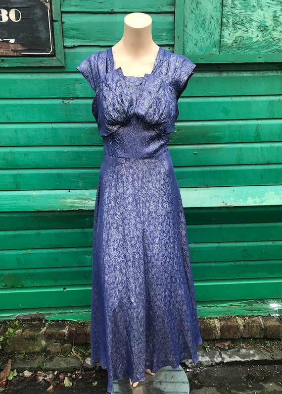 Circa 1940, Rare Blue Silk Lam Dress. With Golden Floral Pattern ,  Gathered Sculpted Bust , Pleated Sleeves and Full Skirt.uk 14. - Etsy