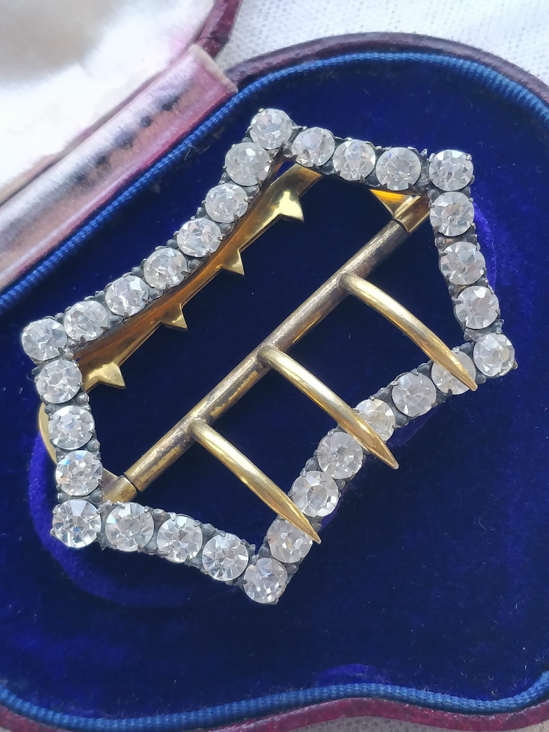 Antique 1900s Edwardian large French gilt metal and sparkling diamond paste buckle
