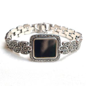 Art Deco Marcasite Black and Silver Tone Watch Art Deco Silver & Marcasite Watch (398D) | The Antique  main image 4