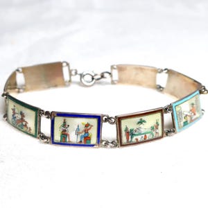 Vintage c1920s 1930s Art Deco Egyptian revival 935 silver and guilloché enamel panel bracelet