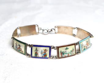 Vintage c1920s 1930s Art Deco Egyptian revival 935 silver and guilloché enamel panel bracelet