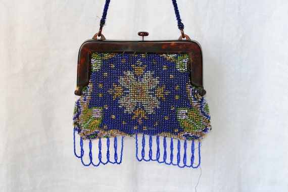 Vintage original 1920s cobalt blue beadwork tassel evening cocktail bag with beaded top handle and early plastic frame