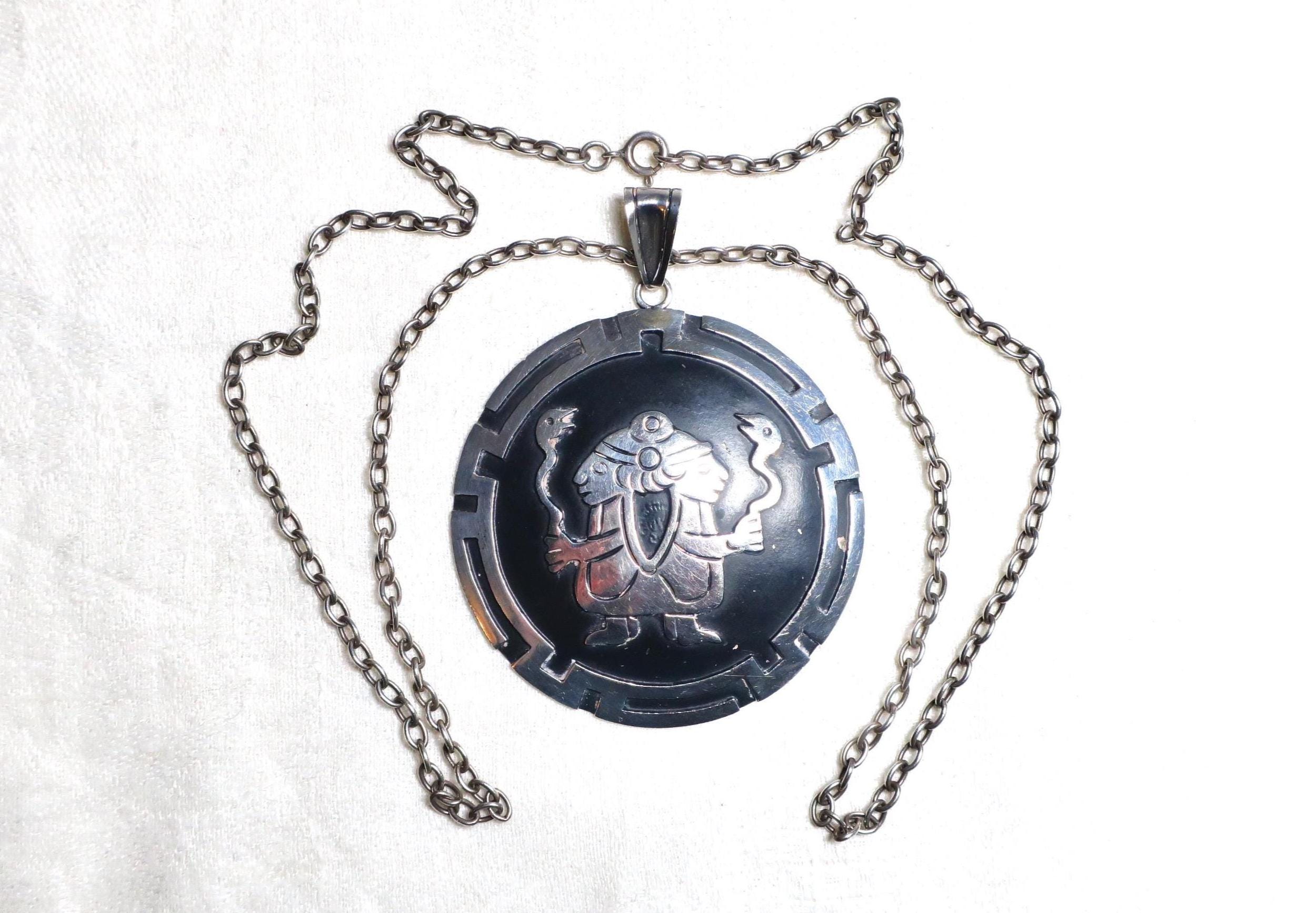 Pendentif Argent Massif Vintage Mexico Taxco - Serpent à Plumes - Occasion