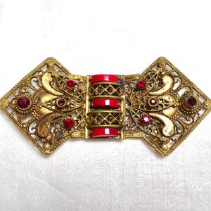 Vintage Art Deco Czech Belt Buckle gold tone & red Antique Art Deco Belt Buckle: Gold Tone Navette Faux  main image 2