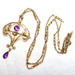 Antique Edwardian Art Nouveau 9ct 375 gold amethyst and split pearl pendant necklace
