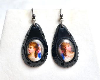 Antique Victorian carved Whitby jet hand painted porcelain portrait drop earrings