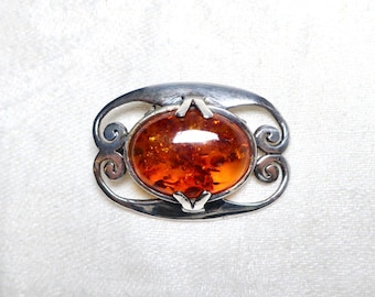 Pendentif Argent Massif Avec Ambre - Style Art Nouveau Fleuri + Chaîne - Bijou Occasion Magnifique