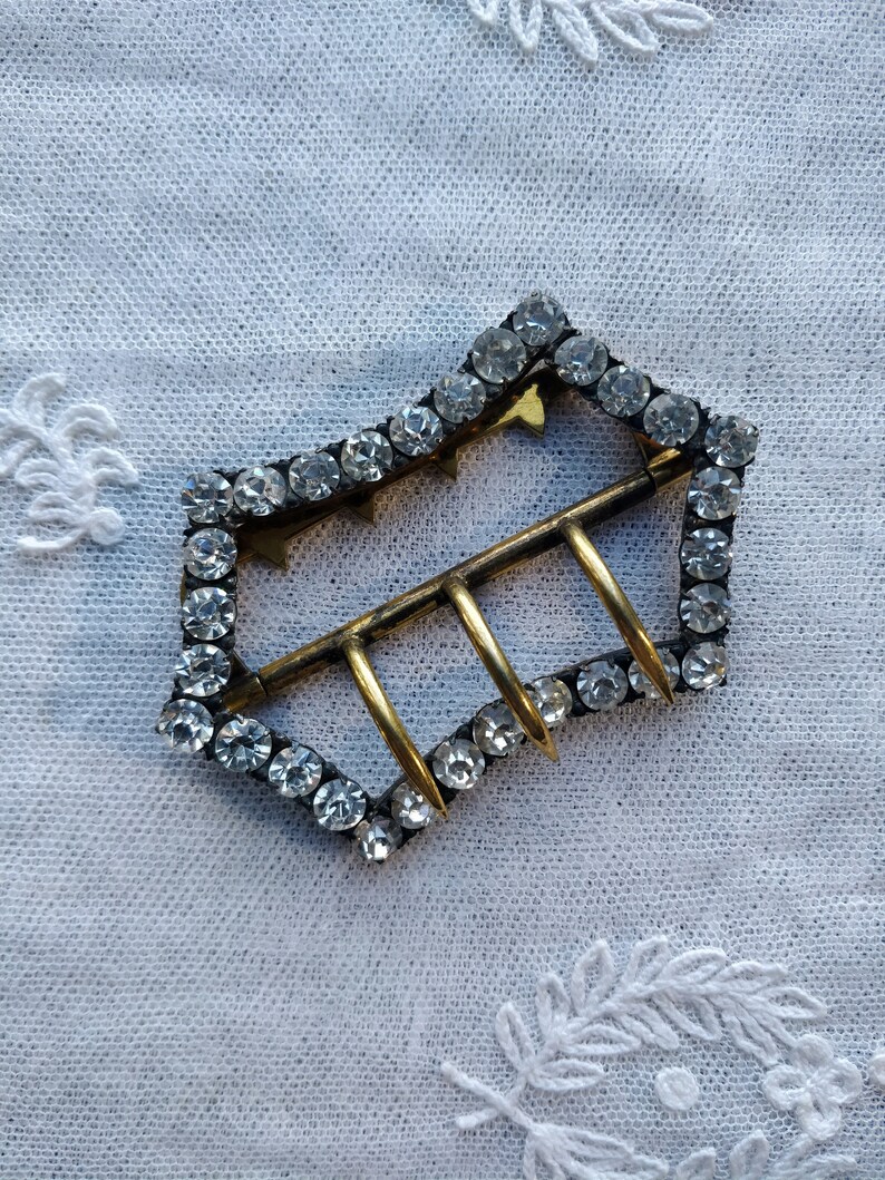 Antique 1900s Edwardian large French gilt metal and sparkling diamond paste buckle