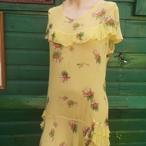 Original 1920s Sheer Yellow Silk Summer Day Dress with Daisy Print, Dropped Waist & Frills , Approx size Uk 10 - 12