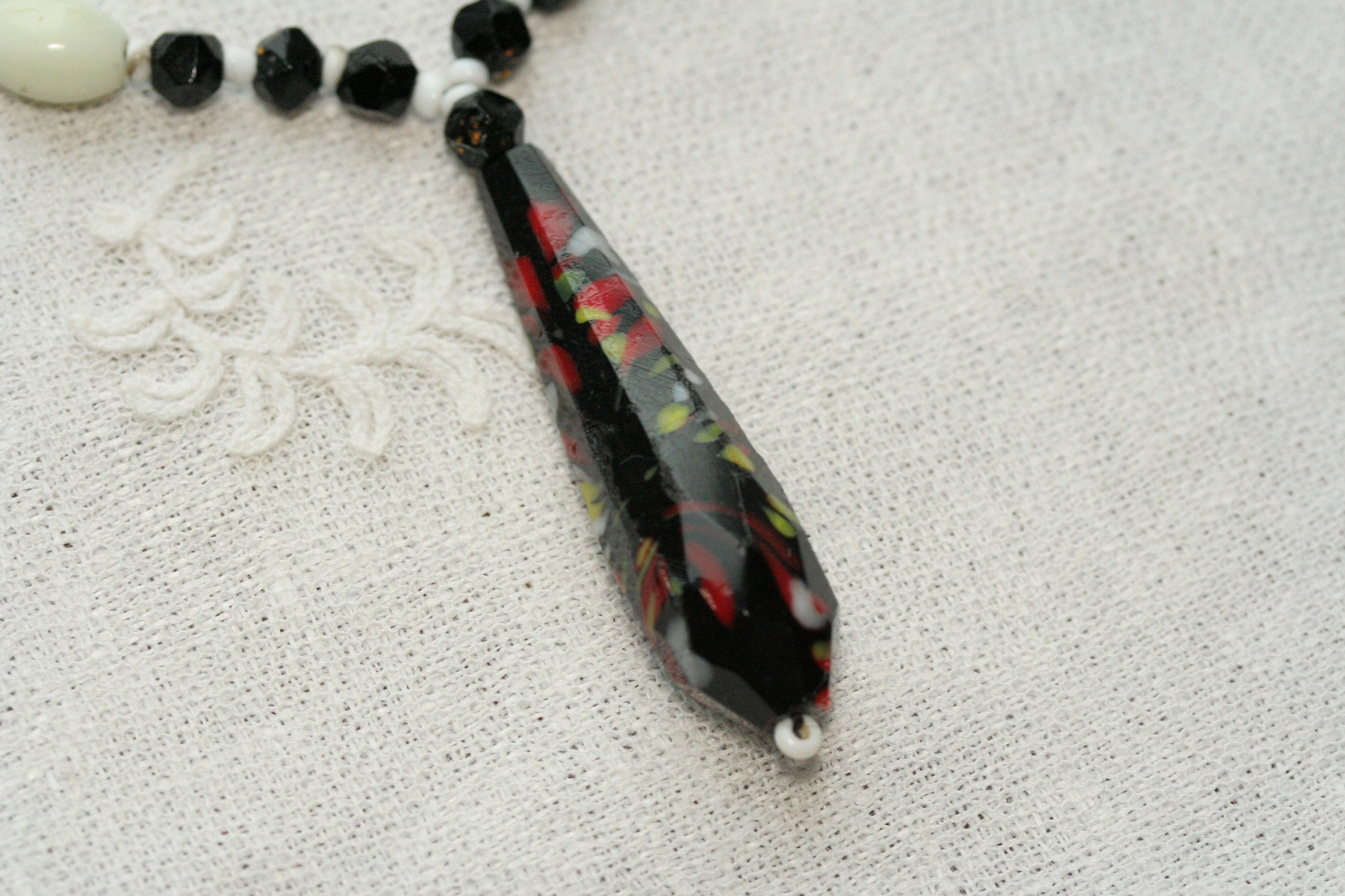 Collier Sautoir Vintage Art Déco - Perles De Verre Noir - 114cm - Occasion Rétro