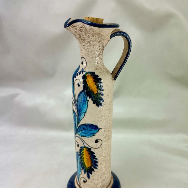 Vintage Italy Deruta Ceramic Turquoise Blue and Yellow Olive Oil Vinegar Dispenser Decanter Jug with Cork