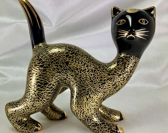 Vintage Italy SC3 Ceramic Black Gold Cat Figurine Rare Find