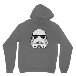 Puede incluir: Una sudadera con capucha gris carb&oacute;n con un contorno blanco de un casco de Stormtrooper.