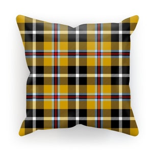 May include: A yellow, black, red, and blue plaid throw pillow. The pillow is square shaped and has a soft, plush texture.