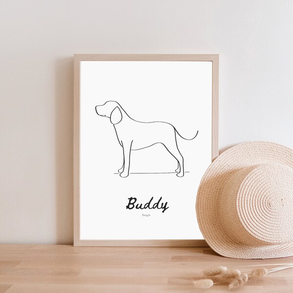 Dog Line Drawing Print, Beagle Dog Print, Personalised Print, Digital Download