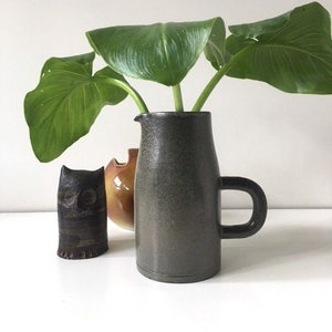 Peut inclure: Un pichet en céramique gris foncé avec une anse, rempli de plantes vertes feuillues. Le pichet est posé sur une surface blanche à côté d'une petite figurine de hibou brune.