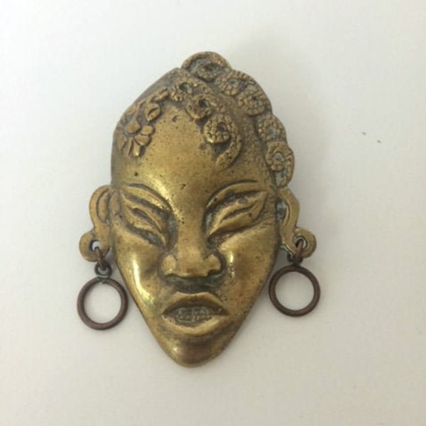 French VINTAGE 50's broche bronze tête de femme africaine african women brooch