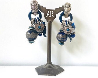 Boucles D'oreilles Dormeuses Vintage Zoé Coste - Pierres Rouges Et Turquoise - Occasion