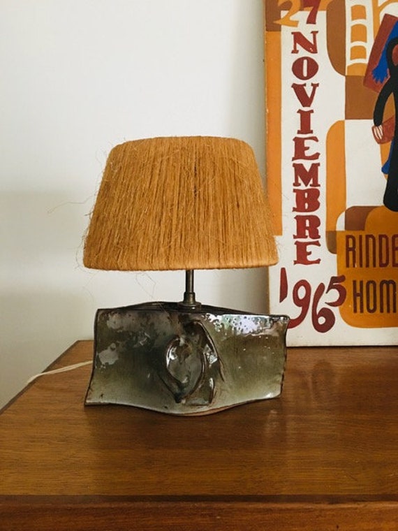 Vintage 1970 Lampe en Céramique Grès Déco Seventies Abat-Jour Corde