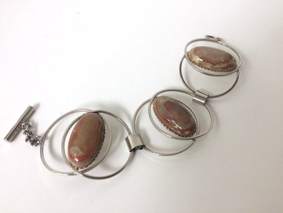 Bracelet Articulé Argenté Années 70 Avec 6 Pierres – Style Vintage Bichrome