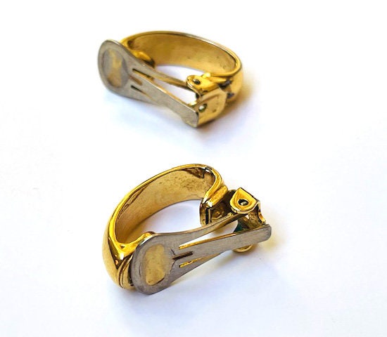 Boucles D'oreilles Vintage Clips Céline Paris - Dorées Avec Pierre Citrine - Numéro ABH2