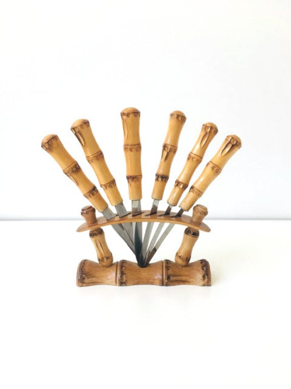 Vintage 60's Bamboo Knives Rosterei Set Couteaux à Dessert Bambou 1960