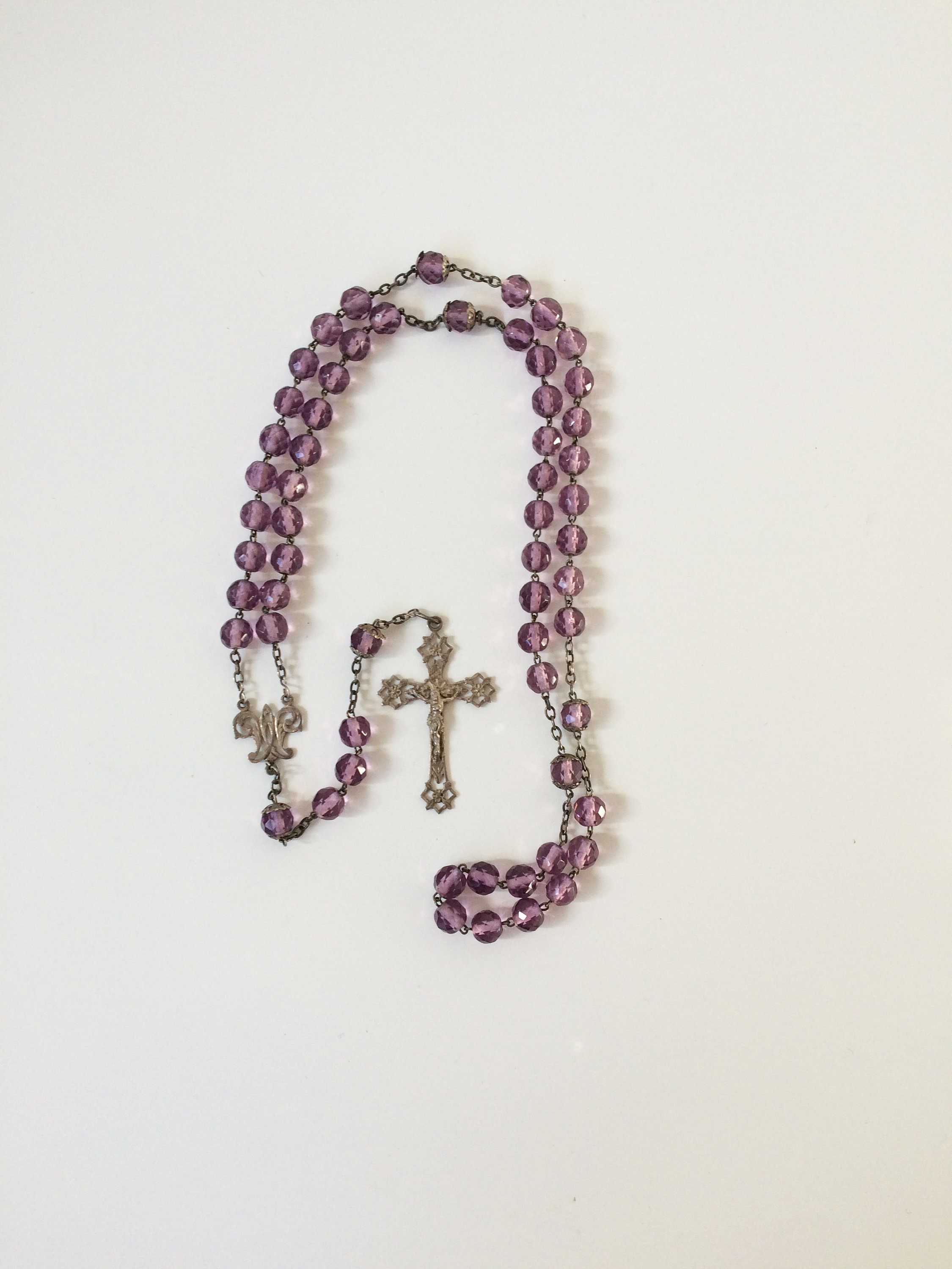 Ancien Chapelet Argent et Perles de Verre Améthyste Taillées French Silver Antique Rosary