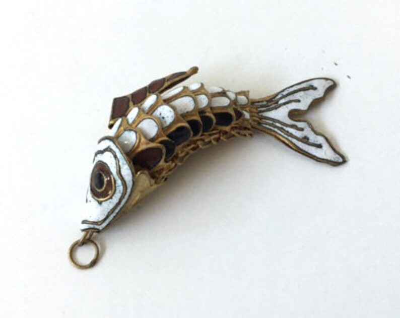 Pendentif Ancien En Argent Massif - Poisson Articulé Et émaillé - Style Vintage/Noël