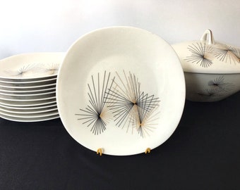 Vintage 1960 Superbe service de table porcelaine de Limoges Raynaud 12 assiettes  et une soupière  plates and soop tureen modèle Eclat D'Or