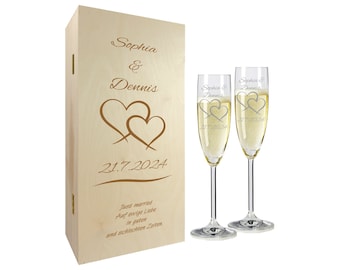 Geschenkset zur Hochzeit - Sektglas mit Gravur – Sekt Geschenksets – Hochzeitsgeschenke – Sekt – Zwei Herzen 2er