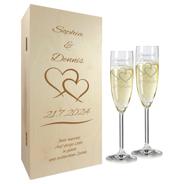 Geschenkset zur Hochzeit - Sektglas mit Gravur – Sekt Geschenksets – Hochzeitsgeschenke – Sekt – Zwei Herzen 2er