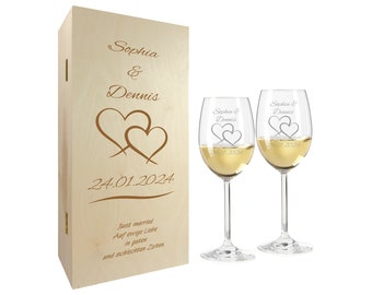 Geschenkset zur Hochzeit - Weinglas mit Gravur – Wein Geschenksets – Hochzeitsgeschenke – Weißwein – Zwei Herzen 2er