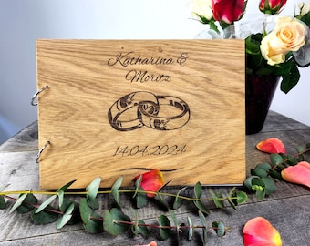 Gästebuch Hochzeit – Hochzeitsgästebuch mit Namen Personalisiert – Hochzeitsgeschenke – Eiche Edelfurniert – A4 – Hochzeitsringe