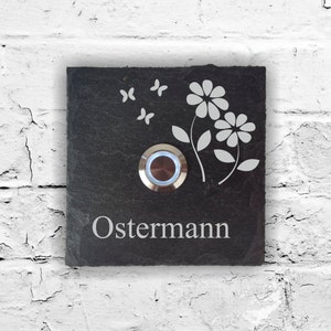Türklingeln – Klingelschild Schiefer – Türklingel mit Gravur – Türklingel mit Namen – Türklingel Beleuchtet – mit LED – 100x100 mm – Blume