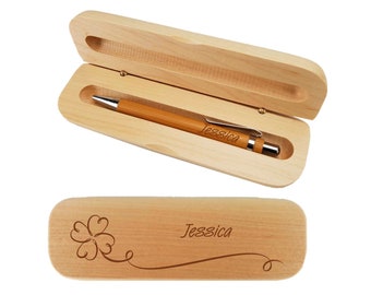 Holz-Kugelschreiber mit Gravur - Personalisiertes Geschenk - Schreibset mit Gravur - Kugelschreiber in Holzbox Personalisiert Kleeblatt