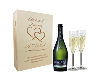 Geschenkset zur Hochzeit - Sektgläser mit Gravur – Sekt Geschenksets – Hochzeitsgeschenke – Sekt – Zwei Herzen 3er