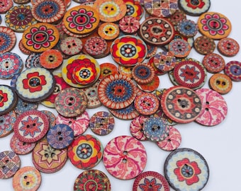 50/100 unidades, botones de madera con diseño floral estilo boho, botones para tejer, botones para hacer bolsos. Contiene un surtido aleatorio de varios colores y diseños.