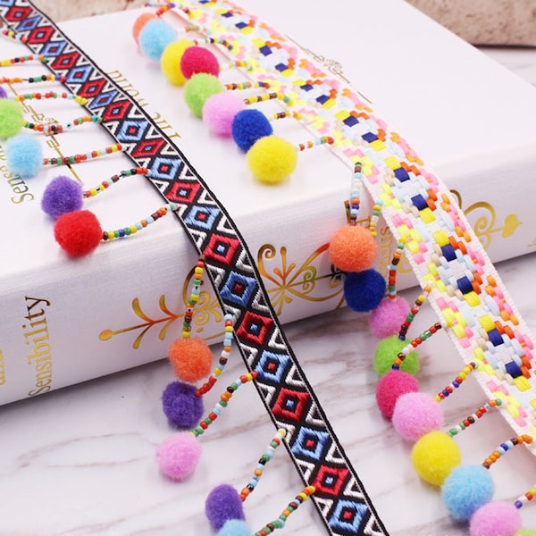 2 Yards DIY hand-stitched beads  Pom Pom Trim，Great for Home Decor & Jewelry Making for bridal dress, millinery, Scarf,costumes design QB671