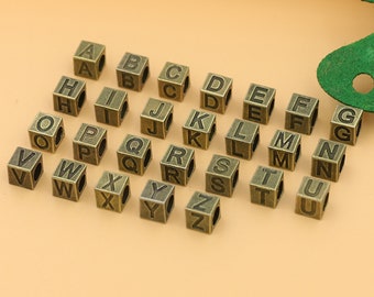 1set(26pcs) Antique Bronze  26 A-Z Alphabet English, square Alphabet English Letters Charms Lucky letters Beads Connectors With Big Holes
