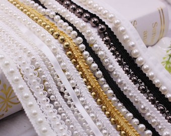 Pearl-1 Jerler 10 Yards Pearl Garland Sewing Trim with Rhinestone for Wedding Party Clothing DIY Decoration 