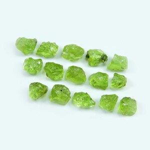 Könnte beinhalten: Eine Sammlung von 16 rohen, grünen Peridot-Edelsteinen. Die Steine sind in verschiedenen Größen und Formen, wobei einige eine durchscheinendere Erscheinung haben als andere.