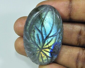 Carved Labradorite Gemstone: Oval Leaf Design, 64 Carats