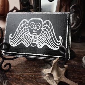 Graveyard art plaque, memento mori, gothic wall decor, Halloween decor, winged skull