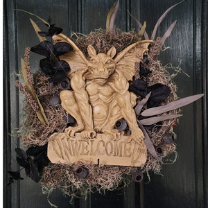 Spooky gargoyle welcome wreath, Halloween door decor