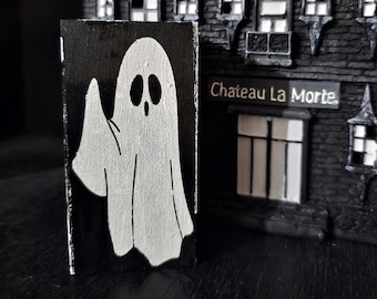 Wooden ghost block, black and white Halloween decor, 2 different ghosts on opposite sides of block